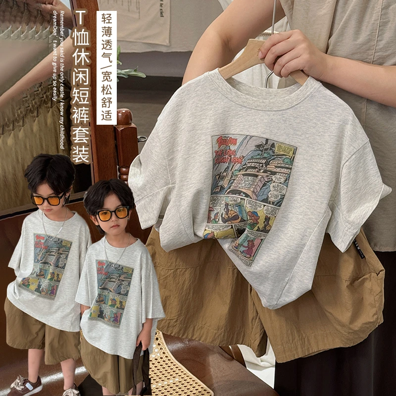 《澜寐》复古~男童印花T恤LZ164夏新款韩版中大儿童圆领短袖上衣潮