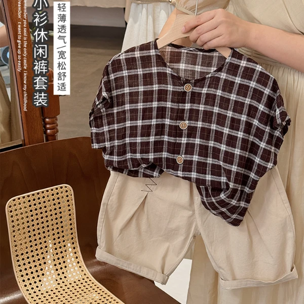 《锦旭》森系儿童棉麻无袖格子轻薄T恤LZ426新款男女童圆领开衫