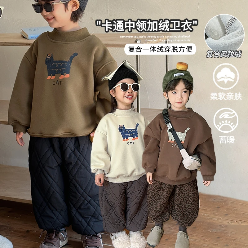 韩版儿童卡通猫咪中领一体绒卫衣男童女童VX11冬装套头上衣