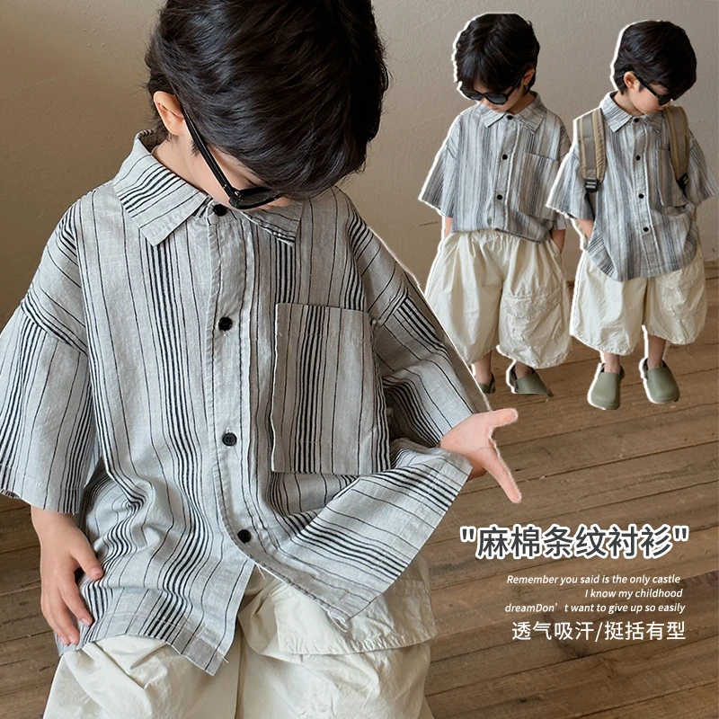 《莙予》复古风~大口袋夏男女童撞色条纹衬衫短袖LZ55中大儿童半袖