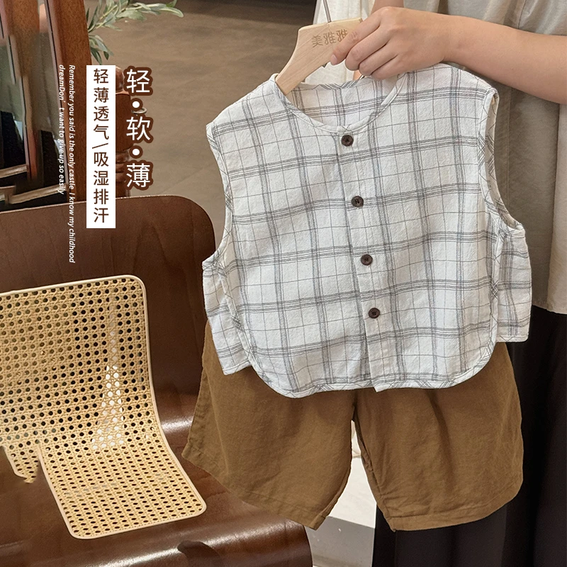 《安迅》森系儿童洋气无袖格子衫LZ333韩版男女童格子背心上衣