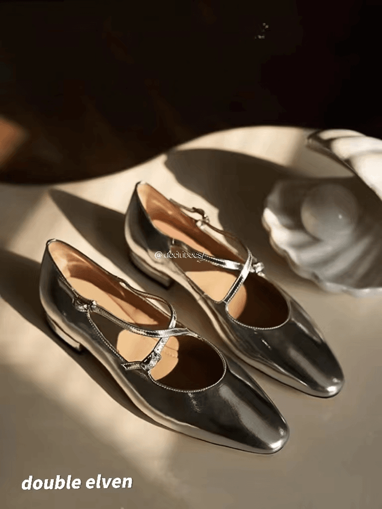 【十一家】银色玛丽珍单鞋百搭尖头低跟芭蕾风鞋子女交叉扣带W1384