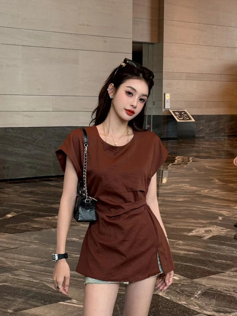 设计感侧捏褶开衩小衫气质修身显瘦百搭收腰上衣【W1693】