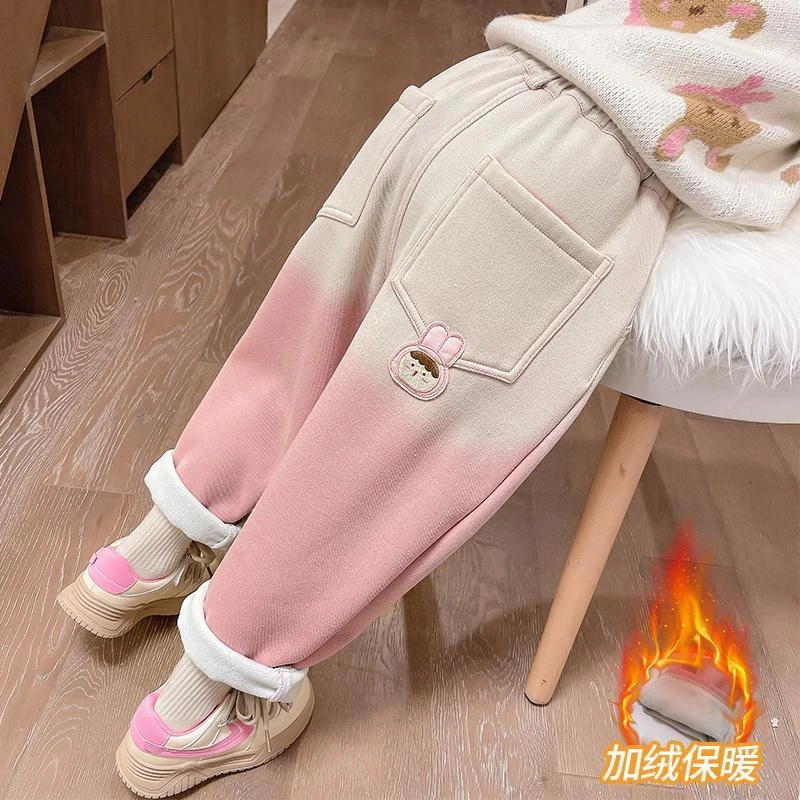 女童裤子2024新款洋气秋冬款牛仔裤宝宝冬装保暖裤儿童网红加绒裤