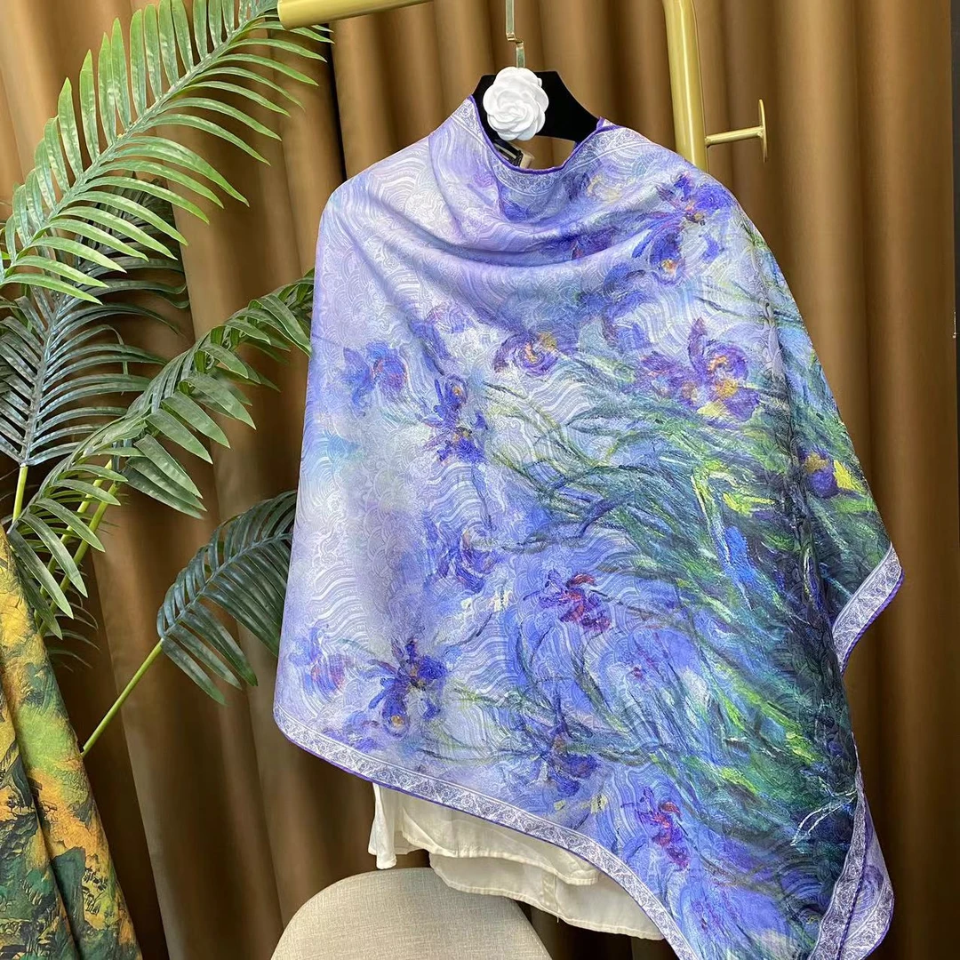 【紫鸳】双面龙鳞纹180*70手工卷边新中式典雅暗纹复古长巾气质