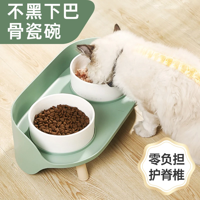 卡通猫陶瓷浅口双碗 猫碗猫食盆 狗狗食盆双碗护脊骨瓷碗饮水碗