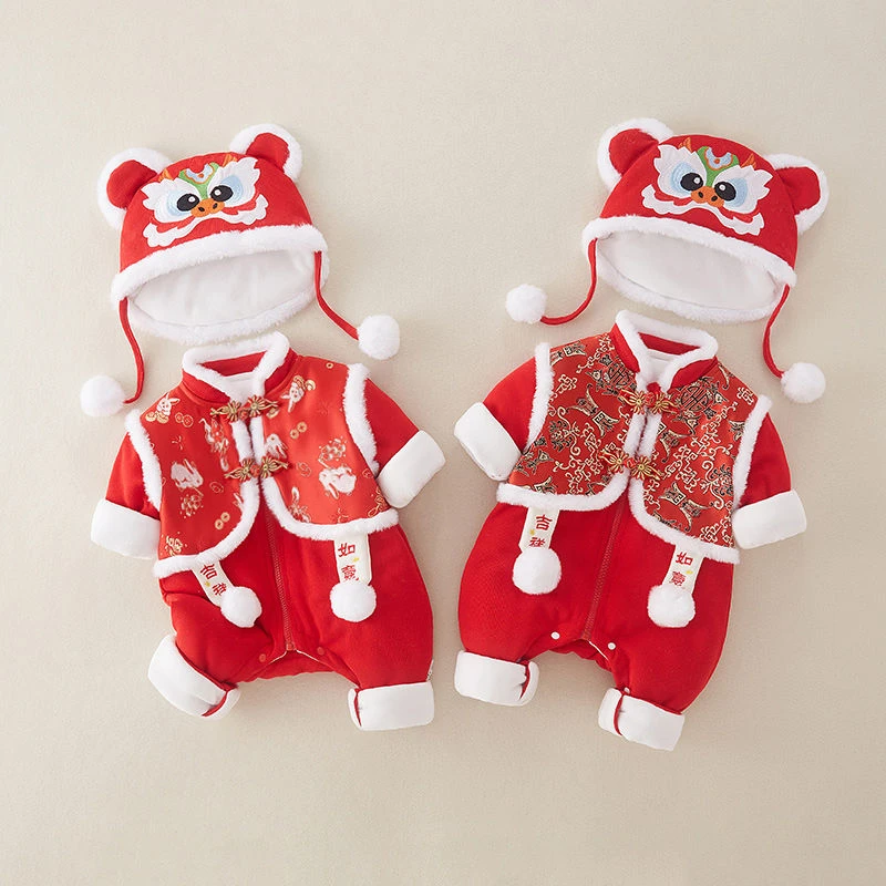 婴儿冬季衣服套装宝宝连体衣新年装拜年服新生儿红色过年喜庆冬装