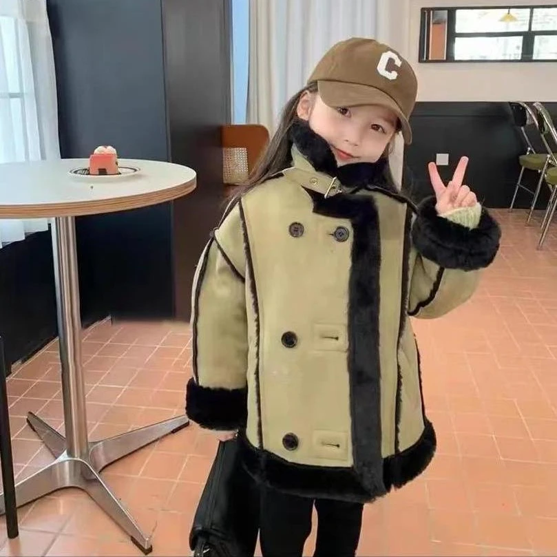 女童秋冬款外套2023新款加绒皮毛一体中大童洋气夹克儿童保暖夹克