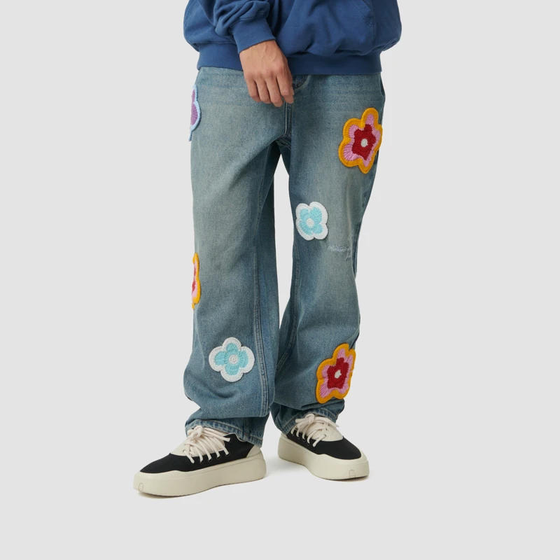PROCITY新款手工小花牛仔裤男女同款复古高街小众休闲直筒长裤子