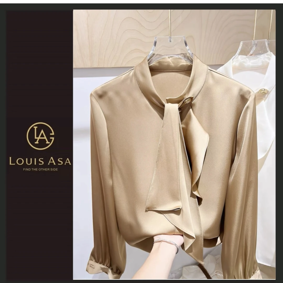 LouisAsa春秋新款法式飘带气质衬衫纯色香槟色衬衫时尚女士长袖