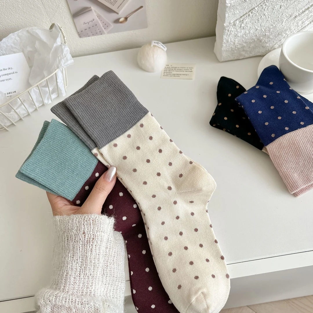 拼色螺口圆点秋冬袜子女复古日系波点舒适高级感撞色中筒堆堆袜潮