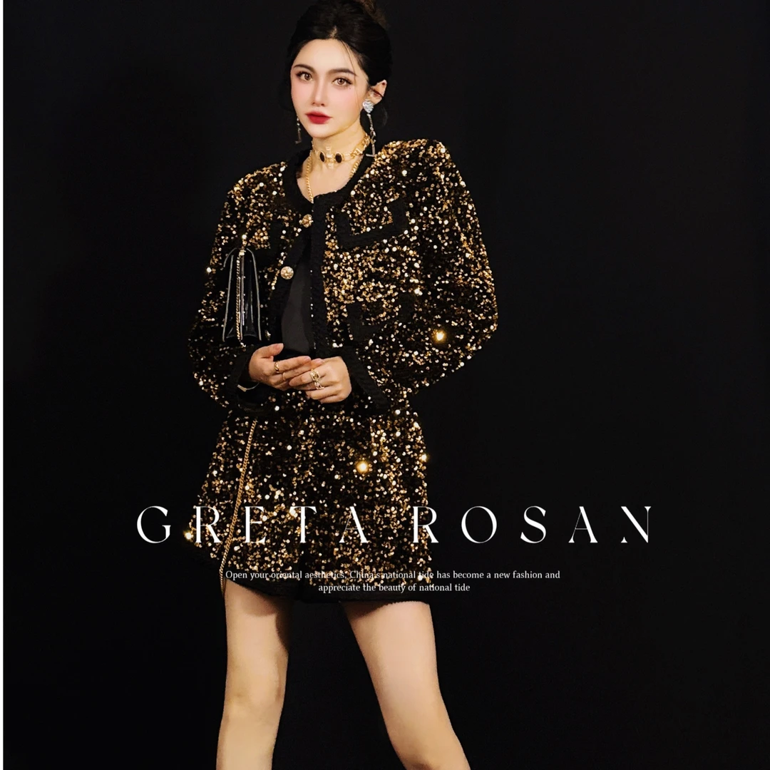 ROSAN【鎏光】高级感蚕丝丝绒奢华千金感小香风时尚轻奢亮片法式新