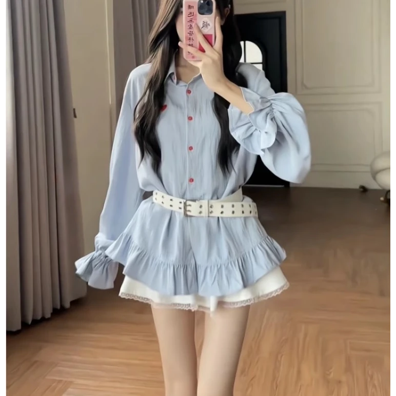 气质甜美套装秋季宽松显瘦爱心刺绣长袖衬衫＋腰带