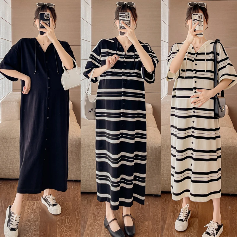 大码孕妇装条纹冰丝连衣裙夏季时尚款宽松气质显瘦长裙开扣200斤
