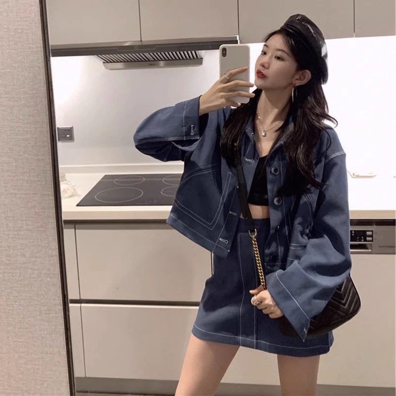大码百搭a字半身套装女2023秋季新款潮韩版两件套长袖小西装短裙
