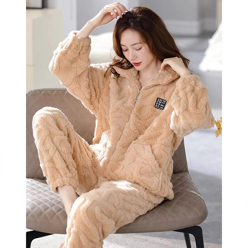 艾唯绅睡衣女士冬季加厚加绒保暖女款秋冬法兰绒冬款家居服