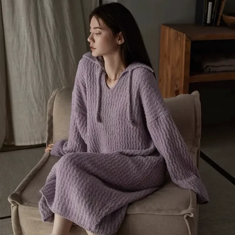 半边绒睡裙女秋冬季家居服可外穿2024新款加绒加厚保暖高级感宽松