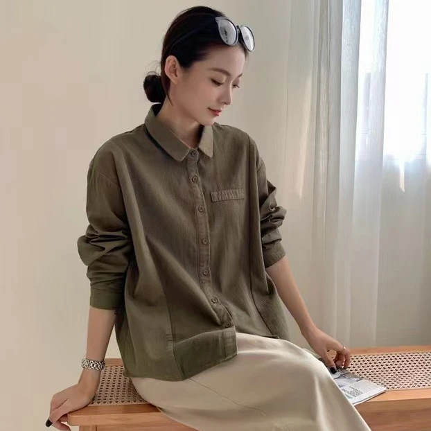 【左耳出品】秋季高货新品100%匹马棉纯色拼接款衬衫简约时尚8162