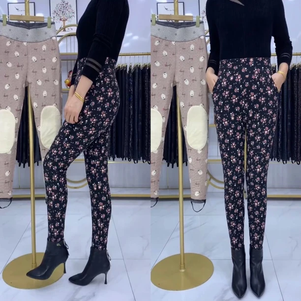 东北花棉裤女款冬季中老年加厚高腰高弹驼绒保暖裤护腰护膝显瘦