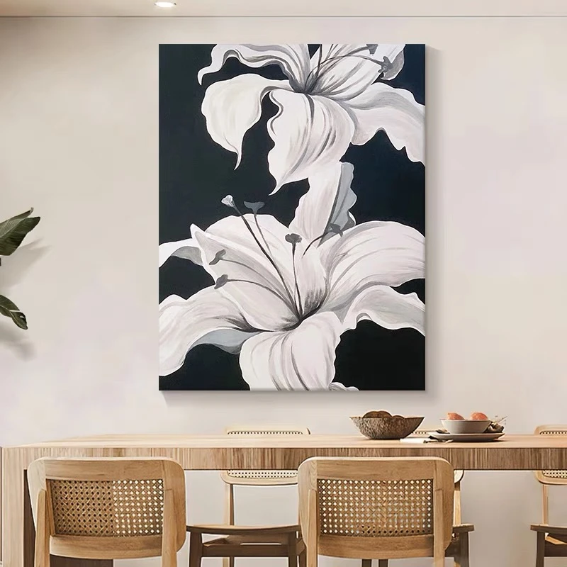 白色百合花卉侘寂风黑白灰高级感客厅装饰画大幅落地玄关砂岩画