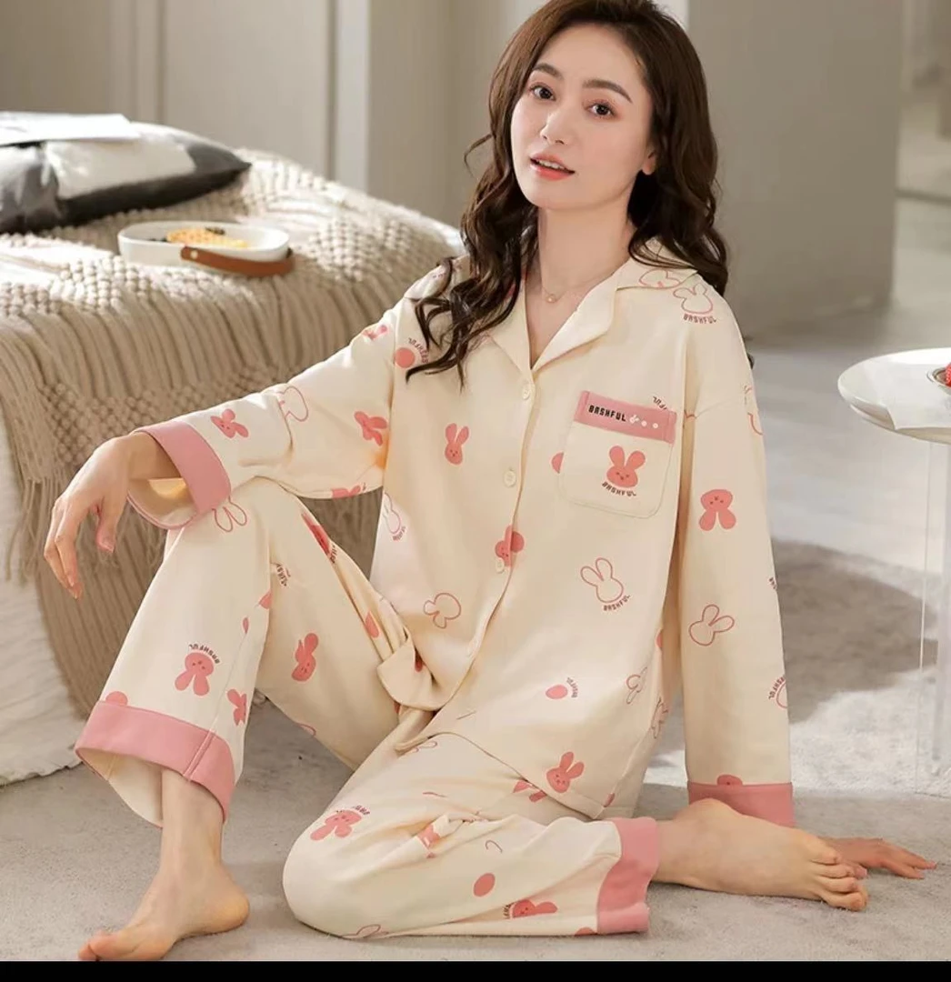 大码睡衣春秋四季女款长袖棉可外穿秋冬家居月子服套装2401