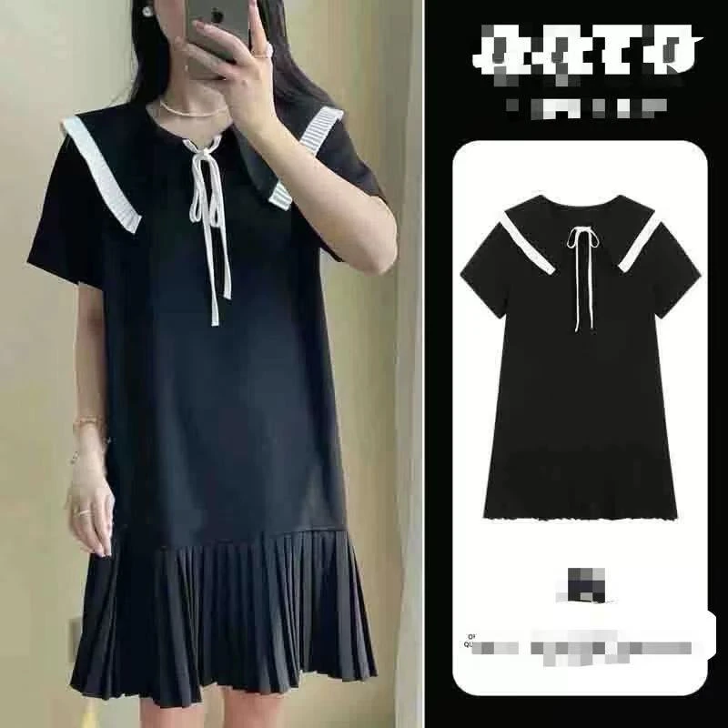 大码孕妇法式赫本风连衣裙夏2025新款减龄娃娃领百褶小个子裙9639