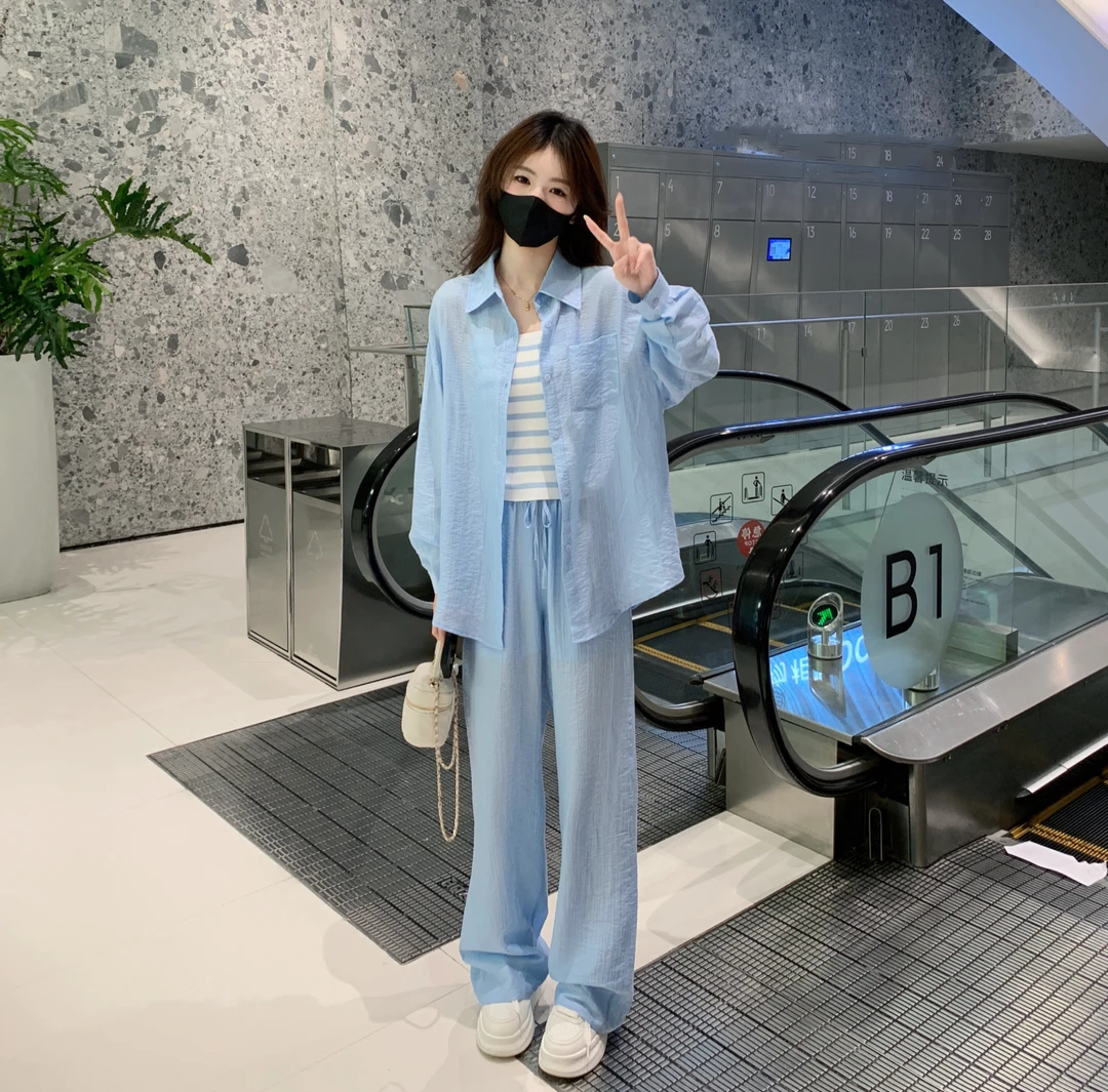 【慵懒假日】LM宽松设计师款防晒衬衣+长裤时尚百搭套装TZ1705