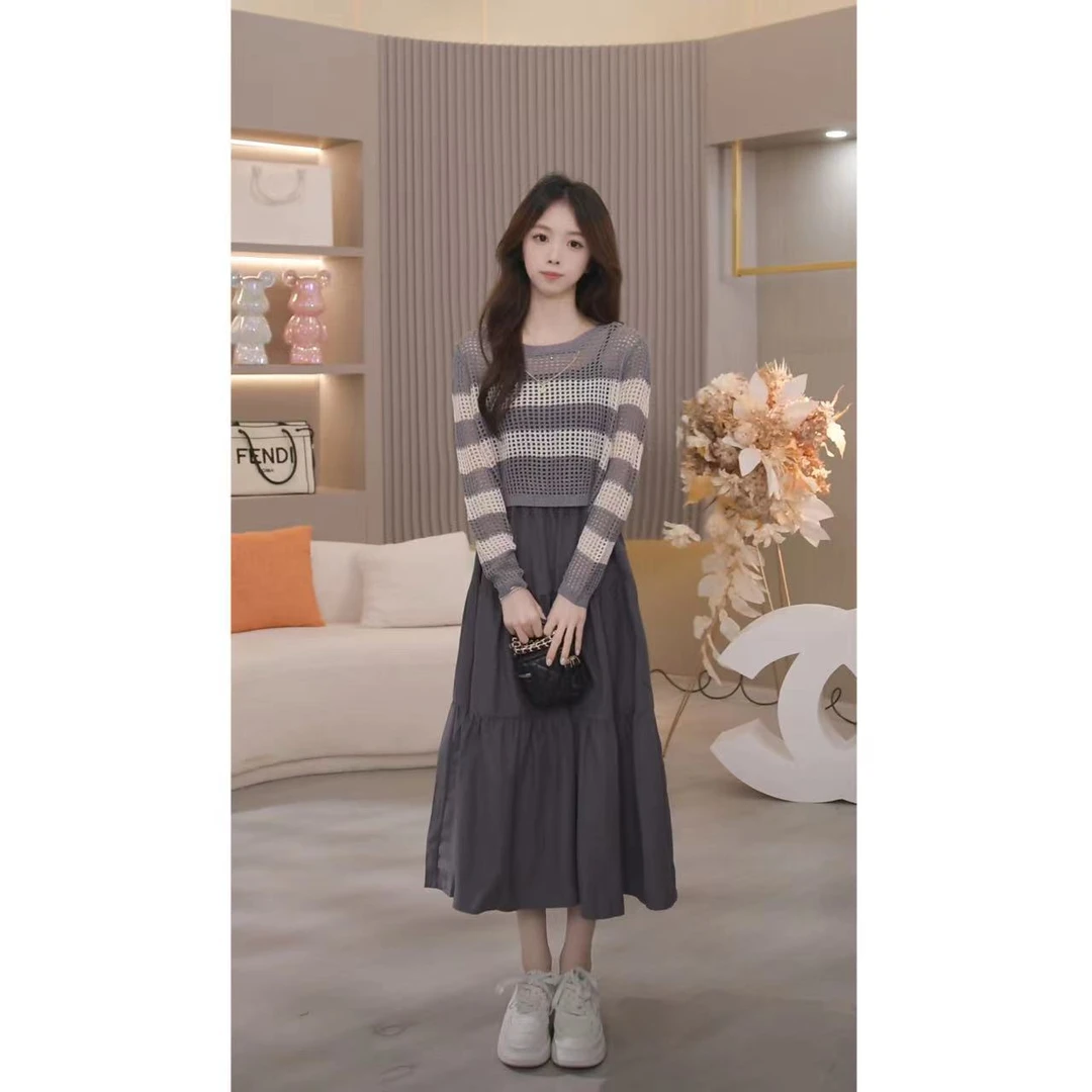 【洋气减龄】2024设计师早秋新款条纹针织上衣+吊带裙套装TZ1777