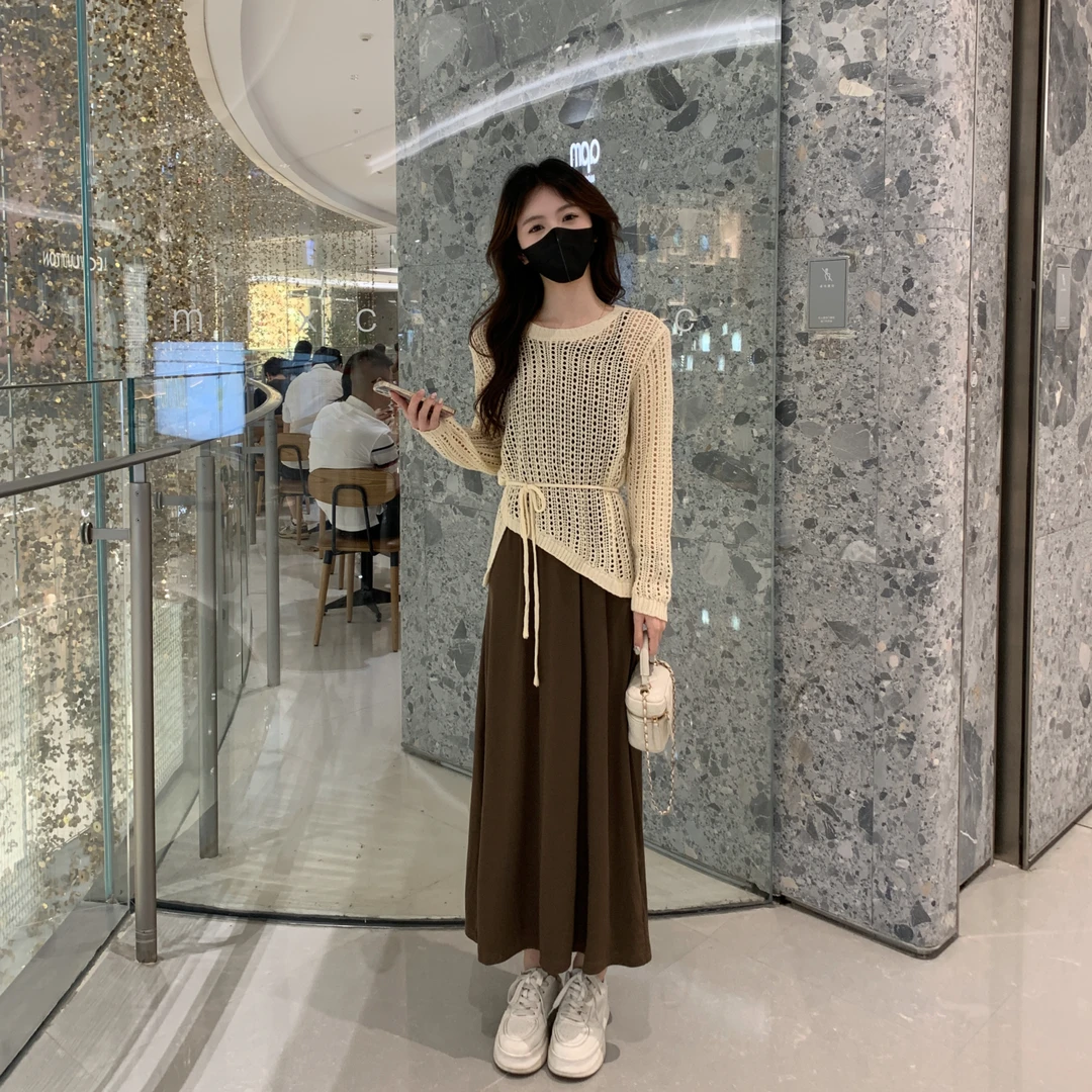 【慵懒入秋】2024设计师新款不规则针织衫+吊带裙套装TZ1776