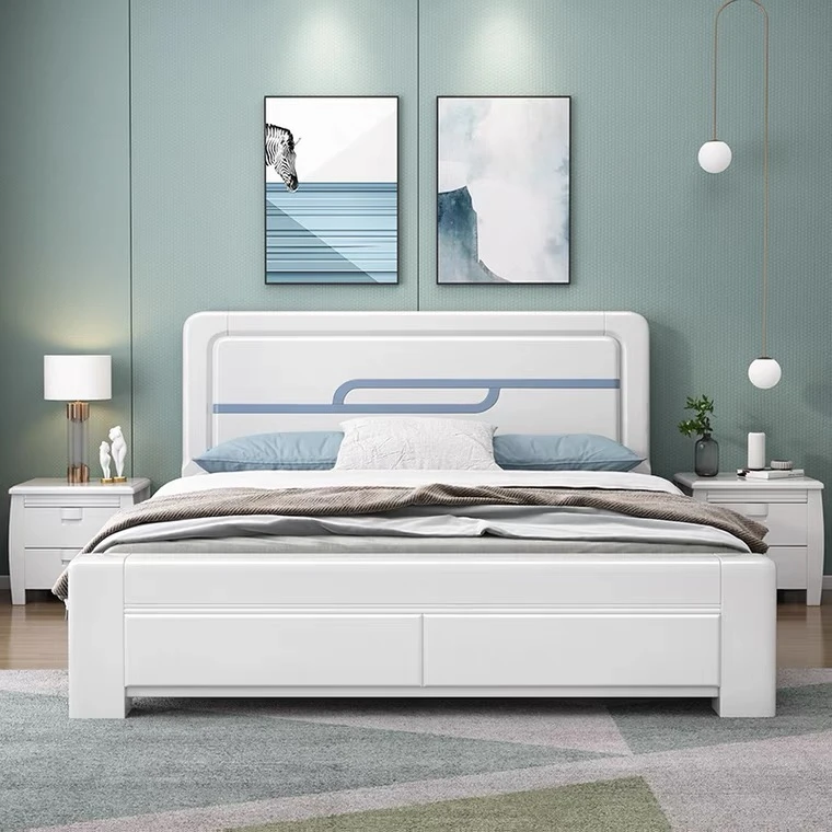 轻奢家用简约白色实木1.5米，1.8米主卧室大床高箱实木床气压