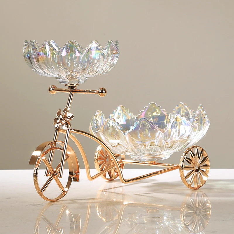 【直播价】炫彩水晶玻璃客厅茶几餐桌创意自行车双盘网红水果盘