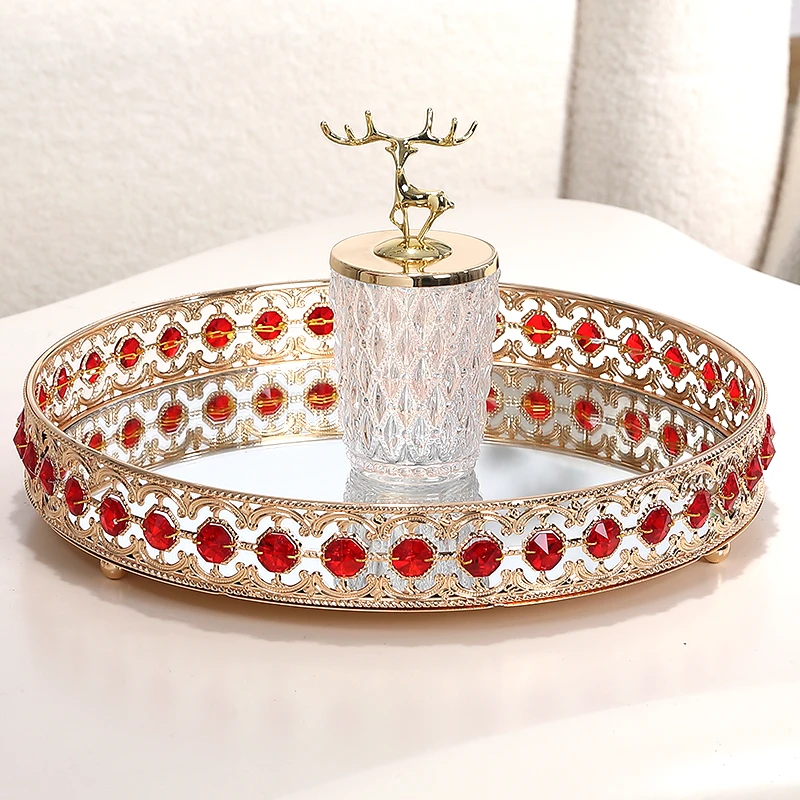 精美水晶圆形托盘家用客厅茶几轻奢欧式水杯零食收纳盘装饰品摆件