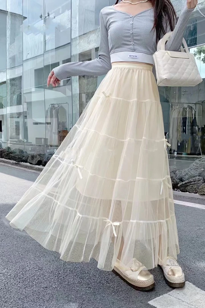 法式蝴蝶结优质网纱两面穿大摆显瘦半身裙女春夏新款高腰垂感长裙