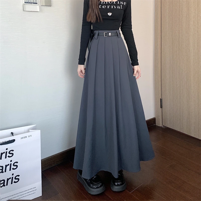 2024新款高腰西装百褶长裙女春秋垂感半身裙梨形遮胯A字裙大摆裙