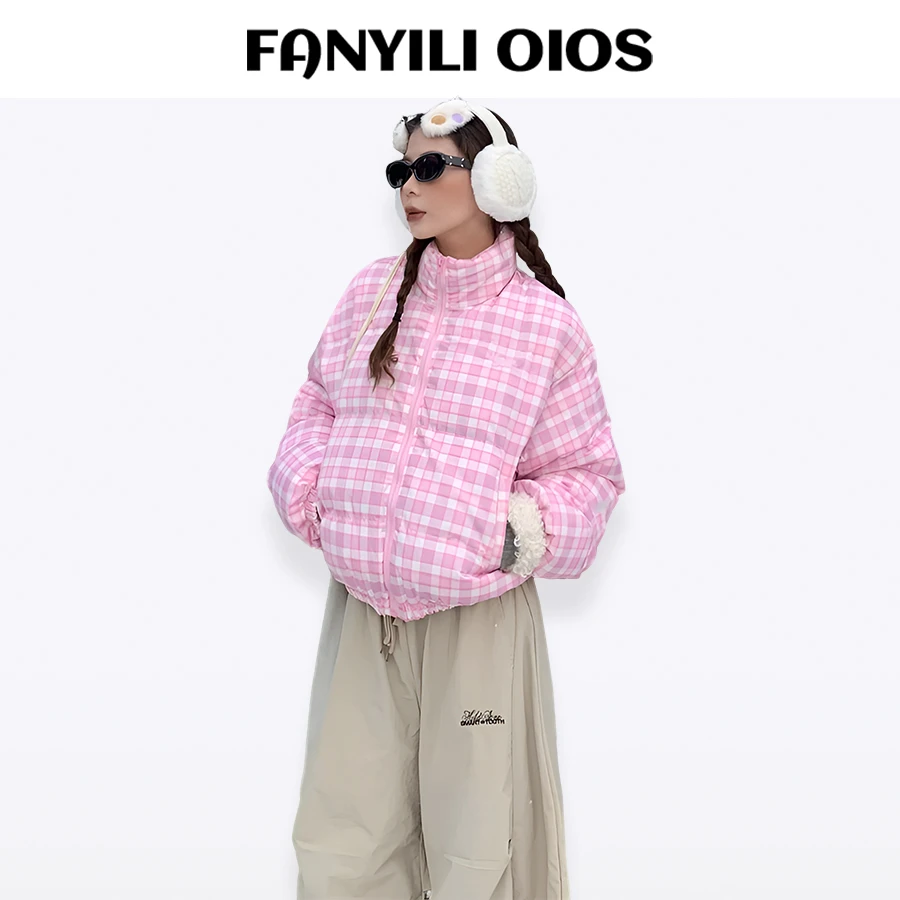 美式粉色格子立领短款棉服女冬季爆款减龄保暖面包服加厚外套上衣