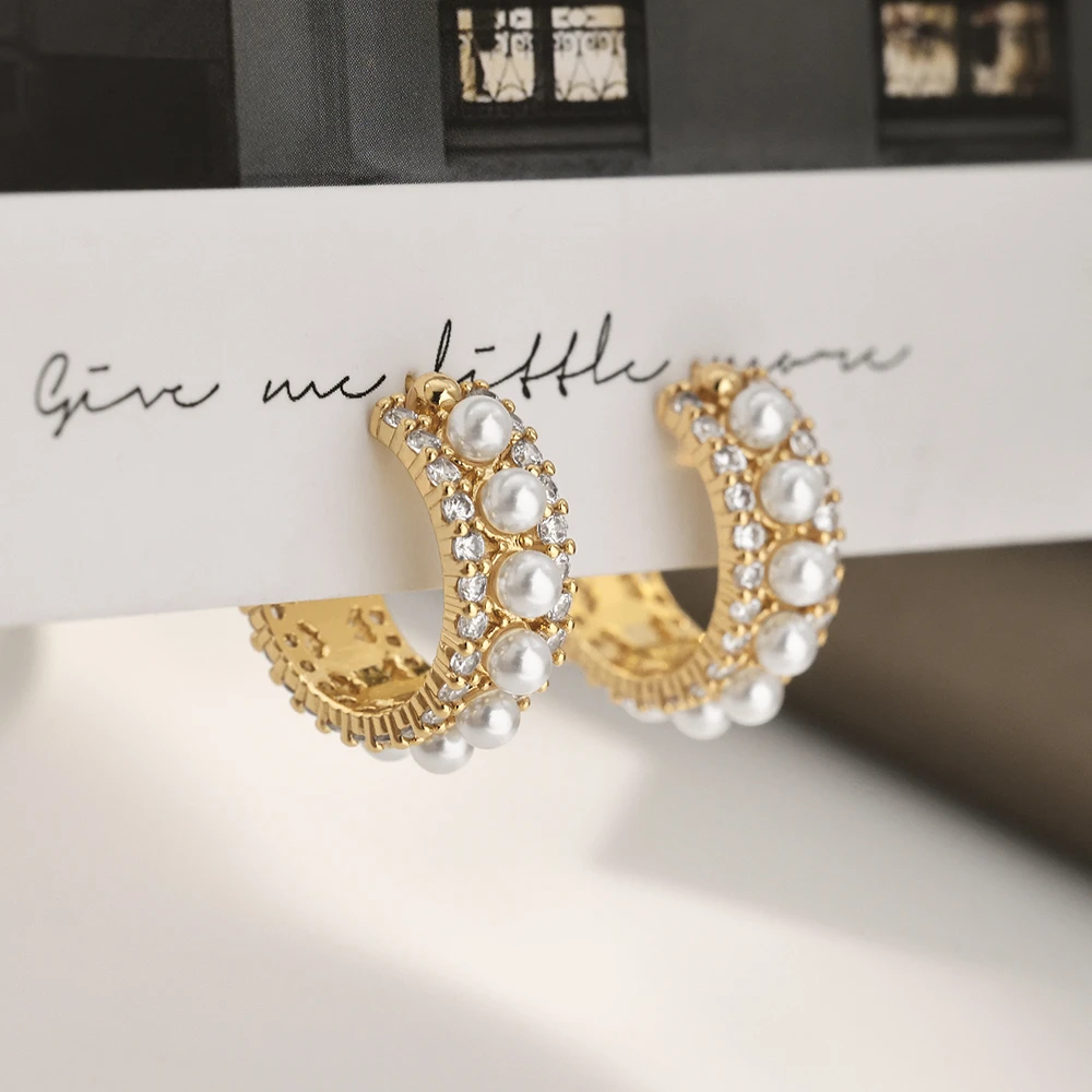 铜合金仿珍珠耳饰 镀18K金「敬月光」镶钻耳圈气质轻奢耳环法式精致