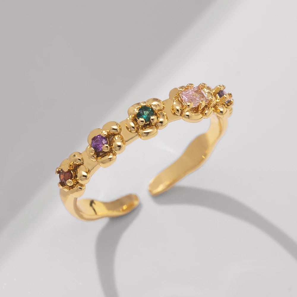 铜合金合成锆石戒指 镀18k金「野花」活口戒指时尚轻奢百搭法式甜美