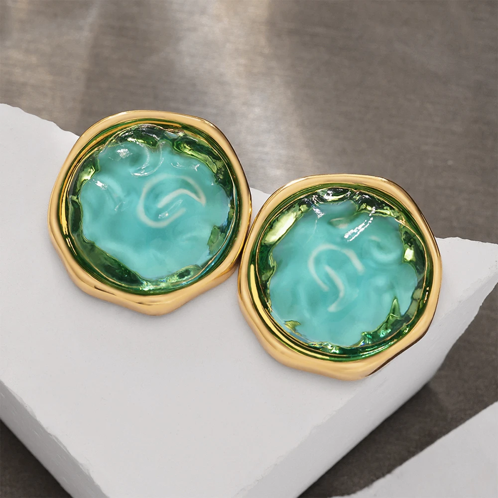 铜合金树脂耳饰 镀18K金「碧海珠」果冻耳钉气质复古少仙女中古耳环