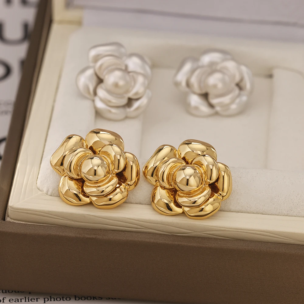 铜合金耳饰 镀18K金「 雍容」立体花朵耳钉气质轻奢小众复古925银针