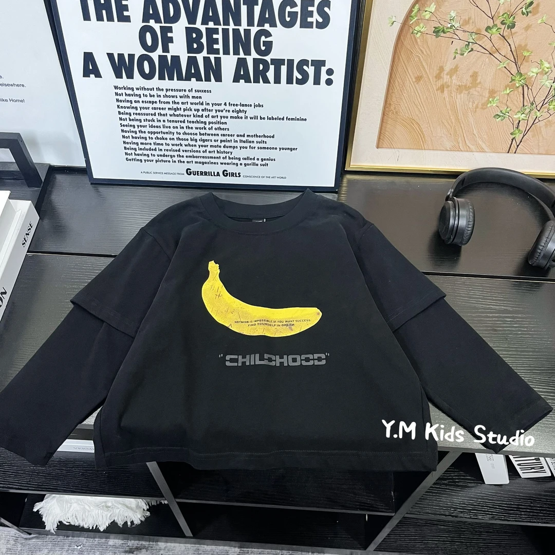 Y.M KIDS 2024秋冬新款儿童假两件长袖T恤男童百搭休闲内搭衣服