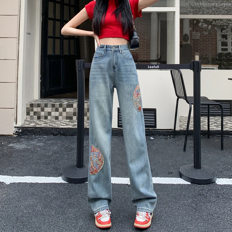 阔腿牛仔裤女2024年爆款宽松窄版高腰裤子春装国风新中式女装浅色