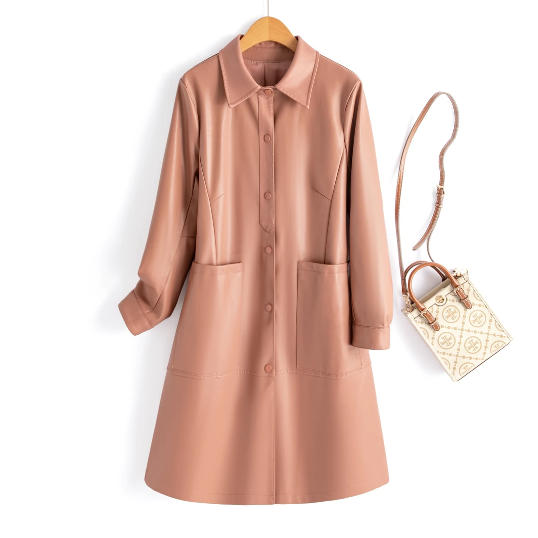 【海宁皮衣】衬衫女中长款新款复古秋冬皮衣外套6689