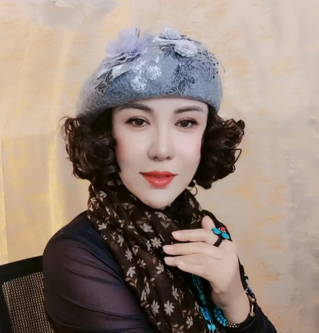 假发一体毛呢绣花贝雷帽女秋冬款百搭显脸小假发新款气质网红复古