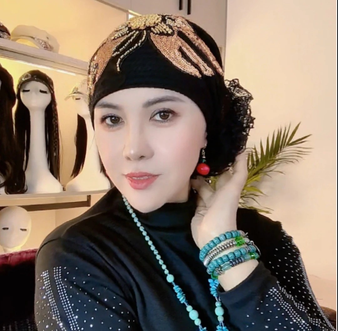 遮白发包头帽女新款太阳花串珠发带帽均码60头围以内可戴头饰帽