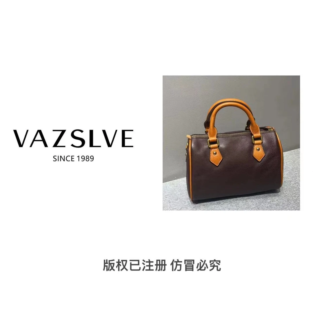 VAZSLVE/春夏新款复古真皮轻奢手提单肩包#210211-咖啡色