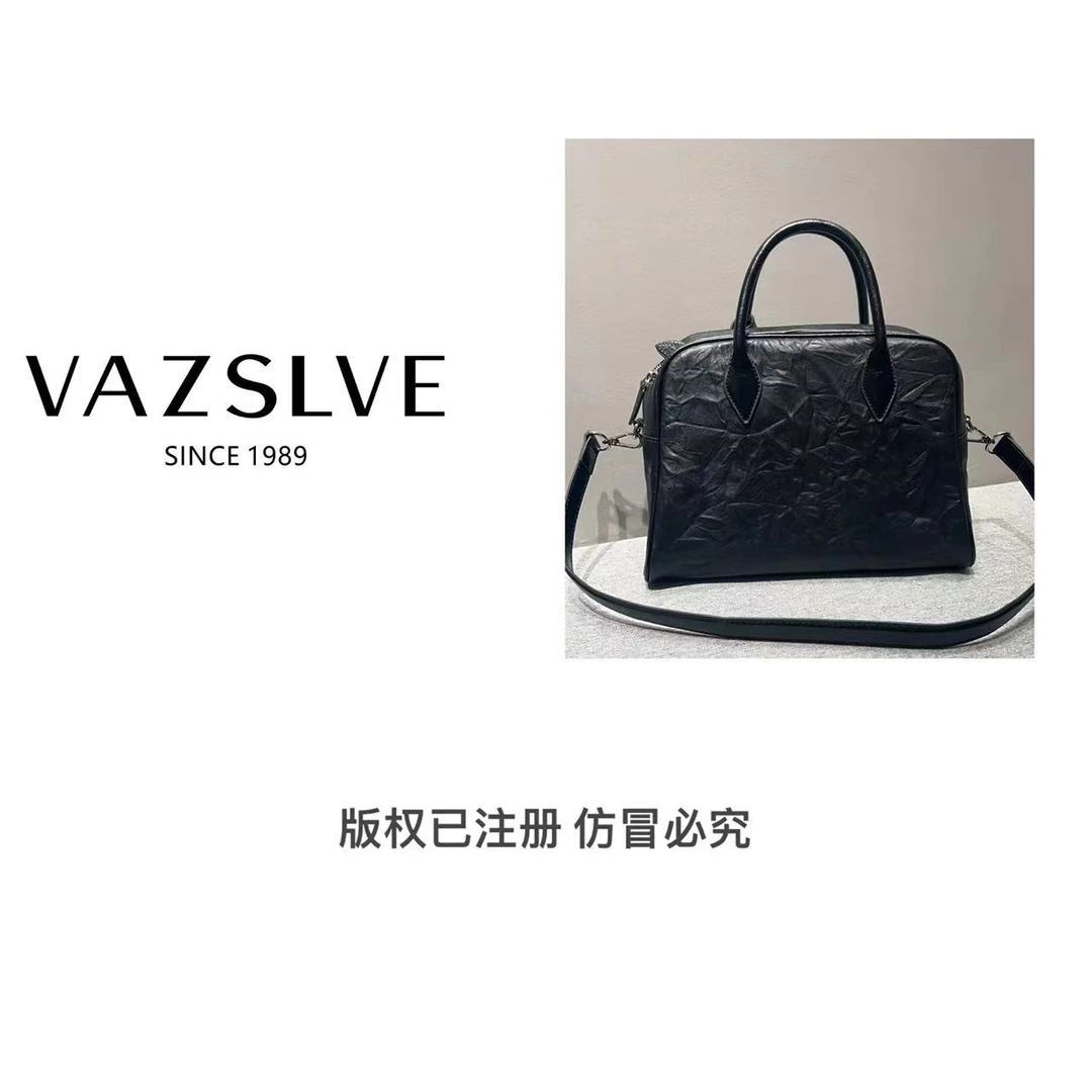 VAZSLVE/春夏新款复古真皮轻奢手提包#2095-黑色