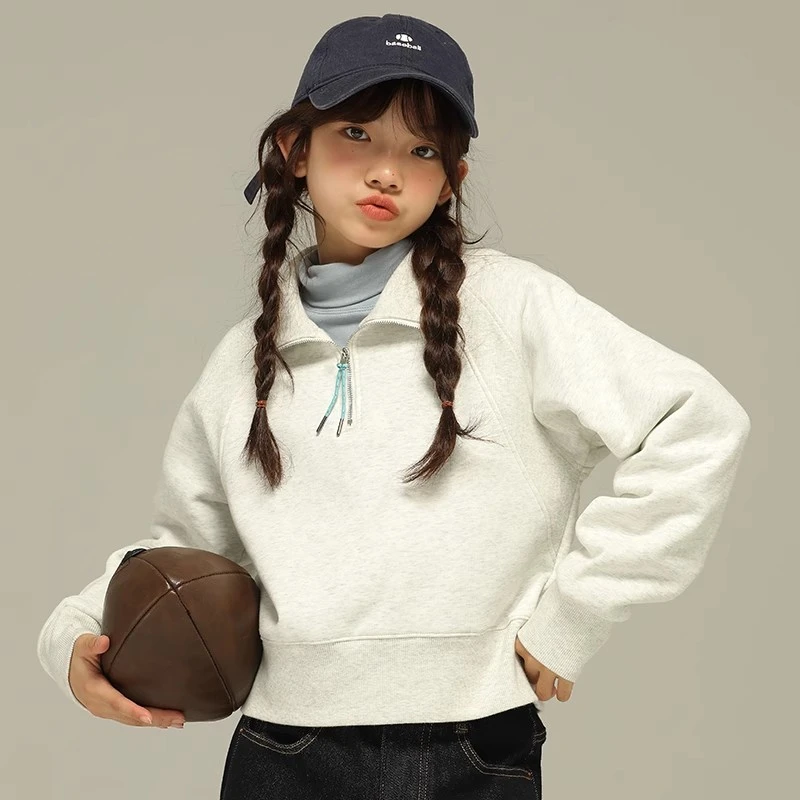 小女森女童秋冬加绒高领卫衣中大童加厚保暖套头儿童立领外穿上衣