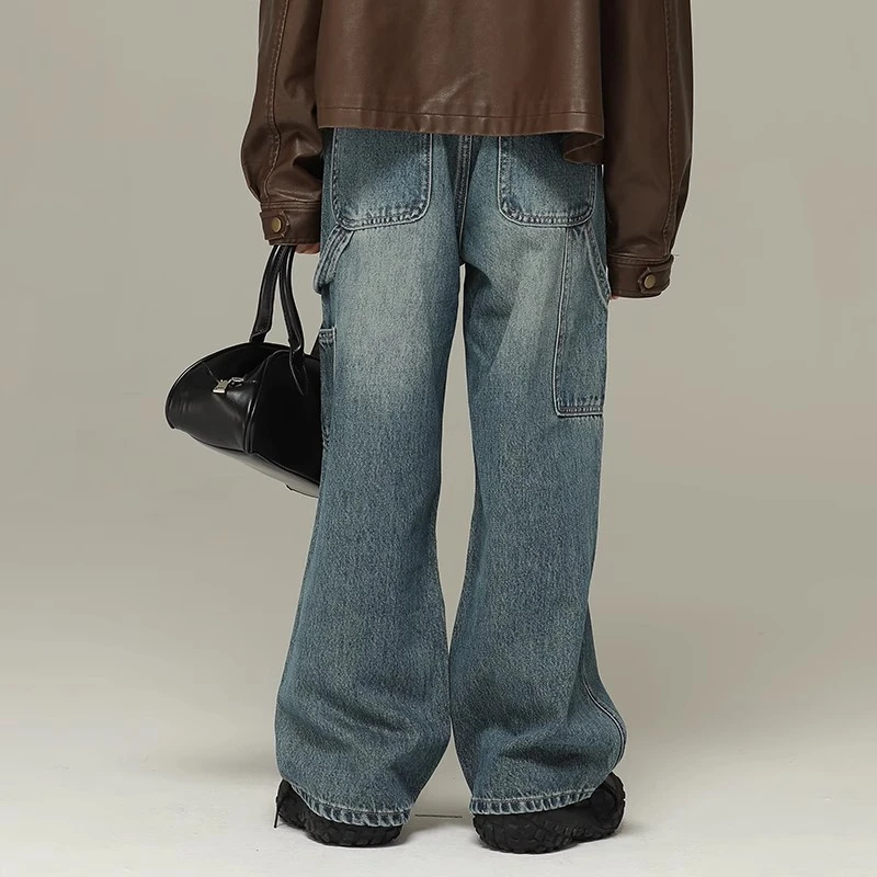 小女森女童春秋水洗复古蓝宽松显瘦阔腿裤工装多口袋休闲牛仔裤潮