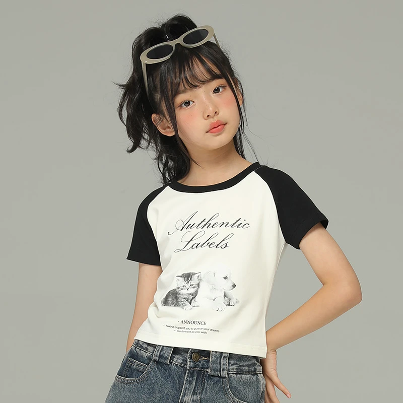 小女森女童薄款短袖t恤夏季新款儿童撞色百搭中大童夏装短款上衣