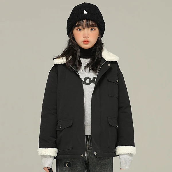 小女森女童秋冬毛毛翻领棉服外套中大童简约黑色百搭保暖外穿大衣
